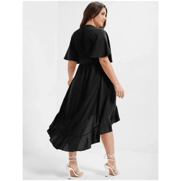 5X 28 Plus Size Black BloomChic Solid Tie Surplice Ruffle High Low Dress - Picture 3 of 7